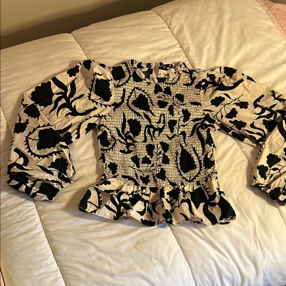 H&M Black and White Smocked Peplum Blouse
